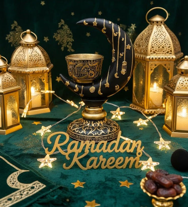 Islamic Crescent Moon Candle Holder with Arabic Calligraphy Bowl