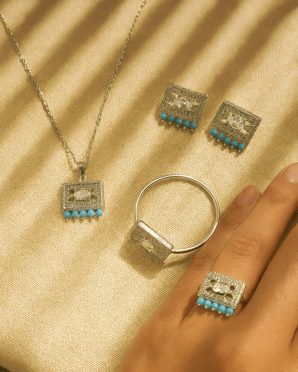 Silver Rectangle Crystal & Pearl Jewelry Set